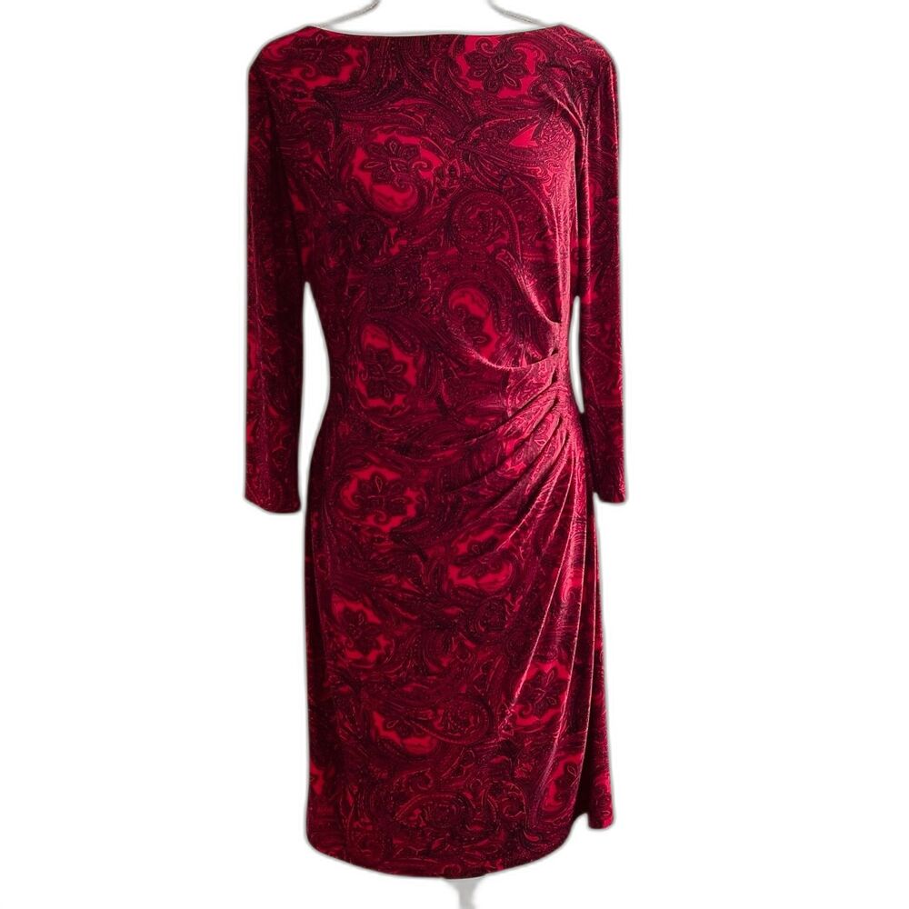 Lauren Ralph Lauren Red Paisley Ruched Sheath Dress Size 12 Lined 3/4 Sleeve